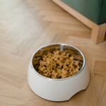 A bowl filled with dog food placed on a wooden floor, showcasing pet care essentials.